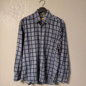Robert Talbott Mens Shirt M Blue Chevron Check Windowpane Plaid